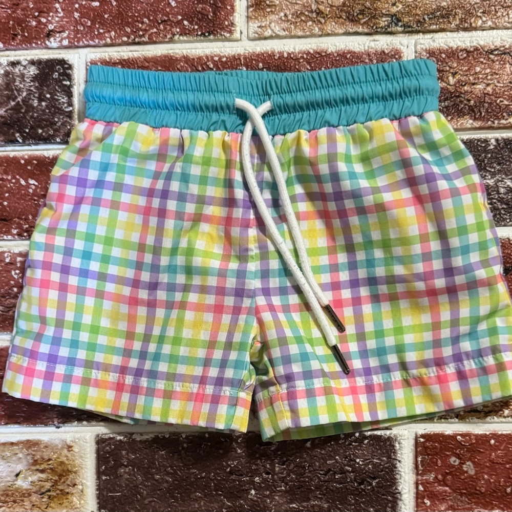 Little Louanne rainbow plaid swim trunks 3t boutique